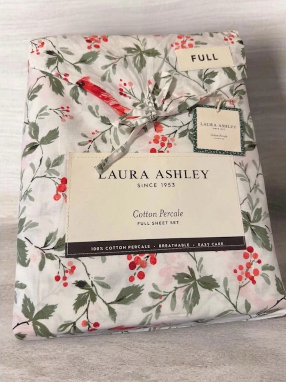 JOLLY CARDINALS Laura Ashley Floral Cotton Percale FULL Set White, Red, Green